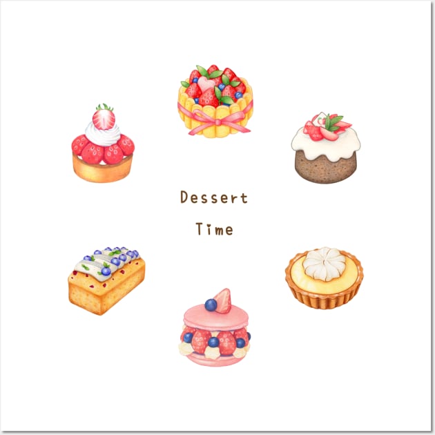 Fruit Dessert Illustration Pack 色鉛筆甜點插畫 - Charlotte Cake, Chiffon, Lemon and Strawberry Tart, Macaron, Blueberry Pound Cake Wall Art by Rose Chiu Food Illustration